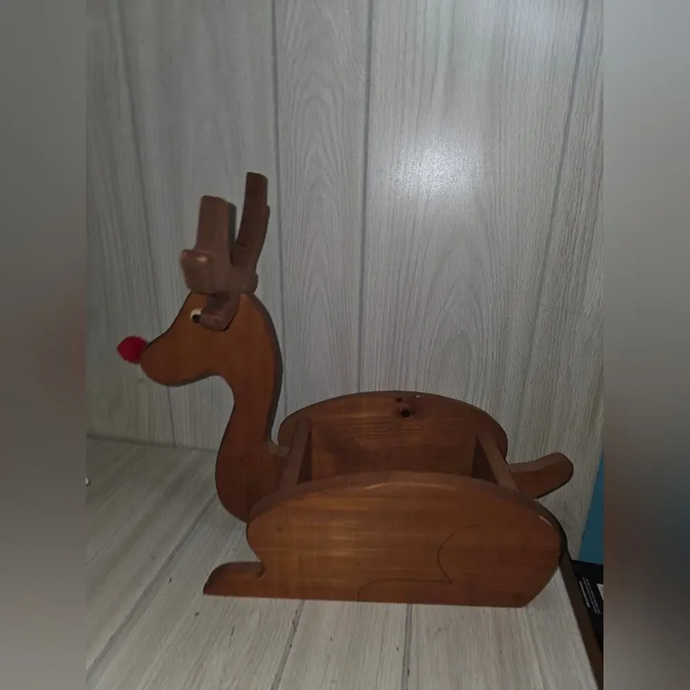Vtg Handcrafted Rudolph The Red Nose Reindeer Basket Wood Crate Box Holiday